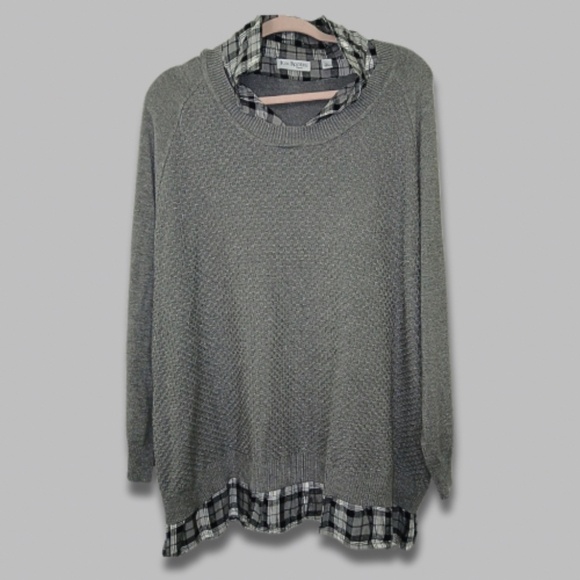 Kim Rogers Curvy Sweater Built-in Plaid Flannel Hem/Collar Long Sleeves Gray 3X - Picture 4 of 7